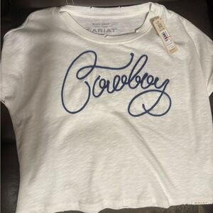 Ariat Women’s White Tee with Blue Cowboy Script